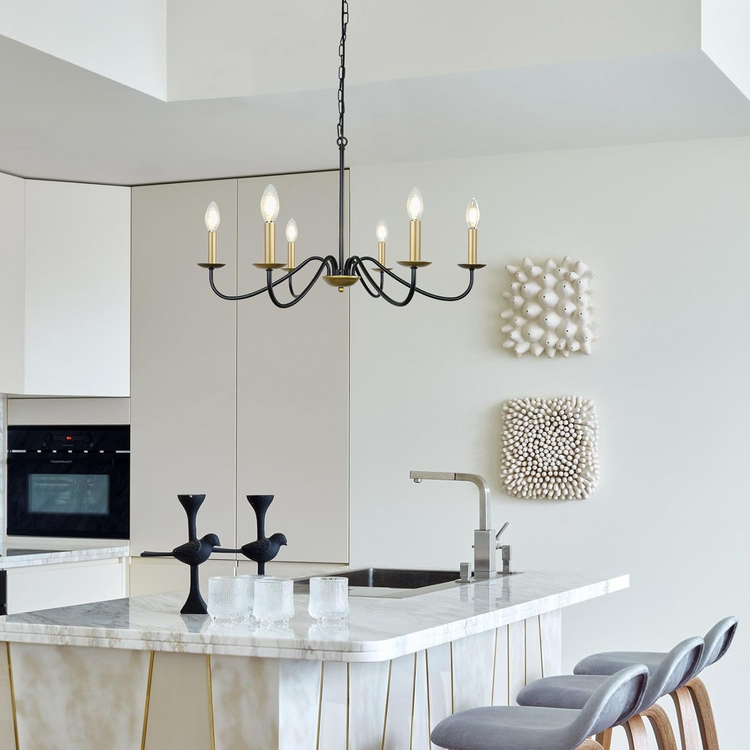 6-Light Black & Gold Chandelier Modern Farmhouse Pendant Light Fixture Industrial Candle Ceiling Light for Dining Room, Bedroom, Foyer, Hall, Kitchen and Entryway