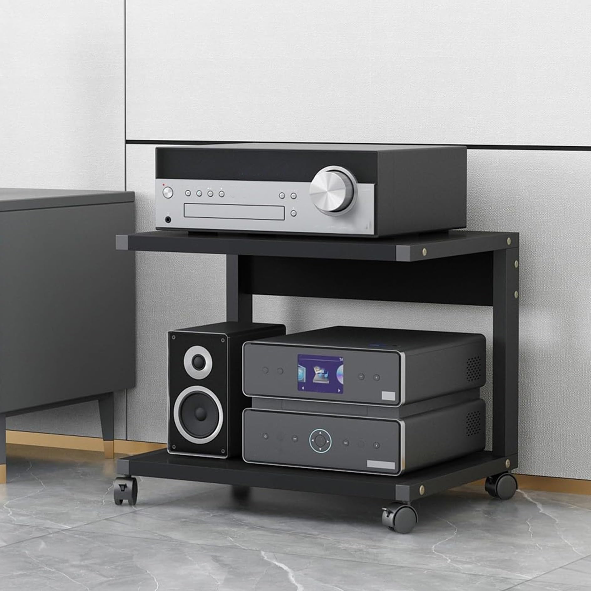 Meuble Hi-FI avec Platine Vinyle, Meuble Audio à 2 Niveaux et roulettes, Console multimédia pour Salon, Rangement élégant pour matériel Audio et vidéo.