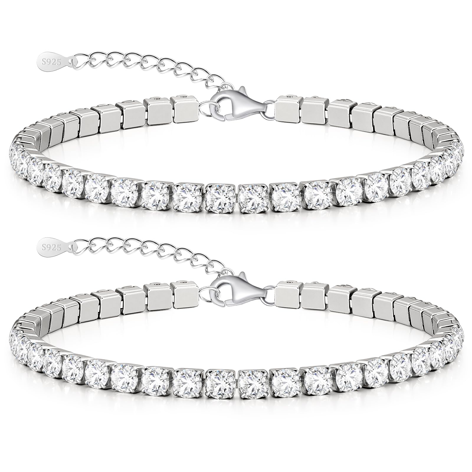 J.Fée 4MM Bracciale Tennis Uomo Argento 925 Braccialetti, 2 Pezzi Tennis Uomo Bracciale con Zirconi Cubici, Bracciali Ipoallergenico Sovrapponibili Braccialetto Regalo Per Uomini