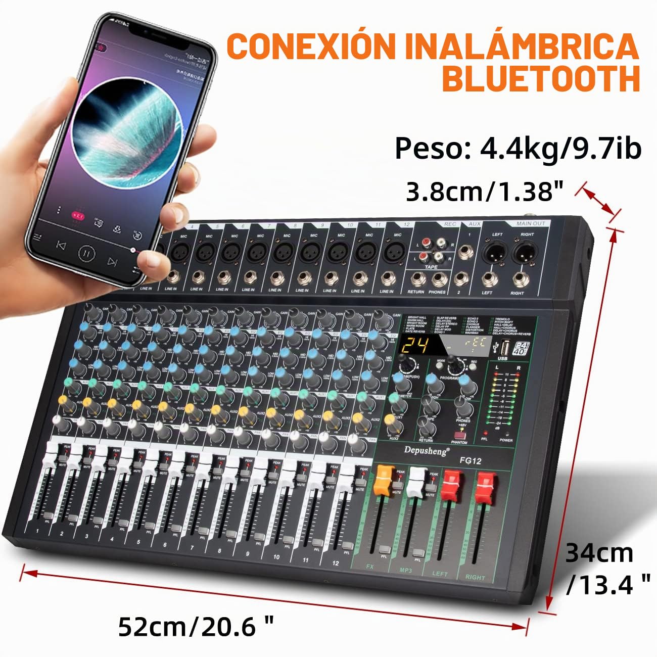 Depusheng FG12 Mezclador de audio profesional de 12 canales para la interfaz de sonido de grabación de computadora, interfaz de controlador de sonido, incorporado 24 DSP Effect con 48V Phantom Power