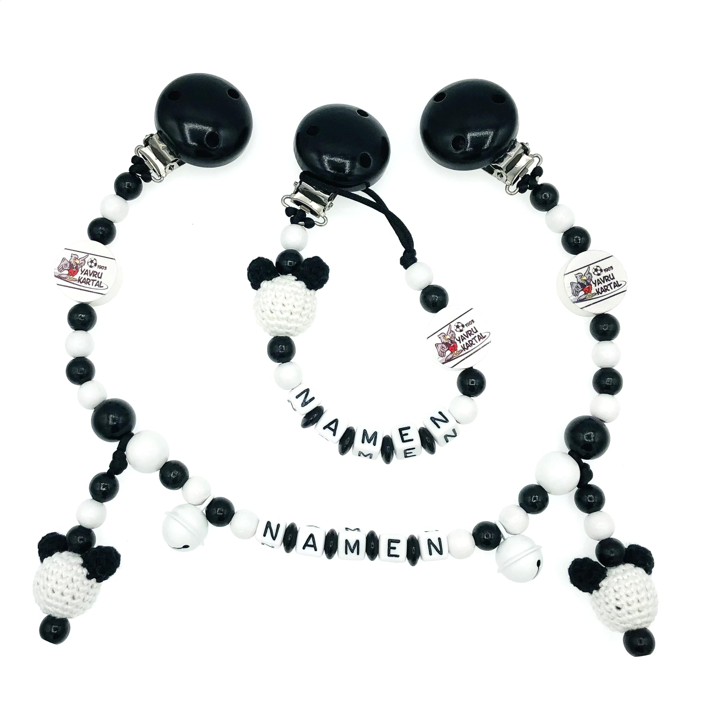 Set Nuckelkette + Kinderwagenkette mit Namen " für BESIKTAS Fan - YAVRU KARTAL - MAUS " Schwarz Weiß/Baby/Unisex/Personalisiert/HANDMADE