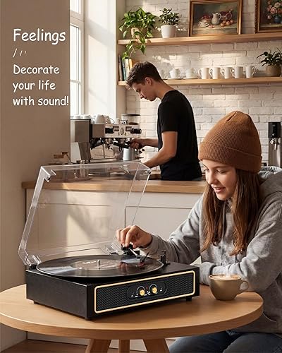 Miniatura 11 de Tocadiscos retro Bluetooth con altavoces integrados, tocadiscos de 3 velocidades por correa, control de graves y agudos, reproductor de vinilo