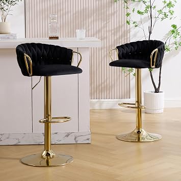 Velvet Bar Stools Set of 2,Modern Adjustable Upholstered Barstools, Swivel Counter Height Chairs with Woven Back and Gold Footrest for Kitchen Island, Dining, Cafe, Pub, Black