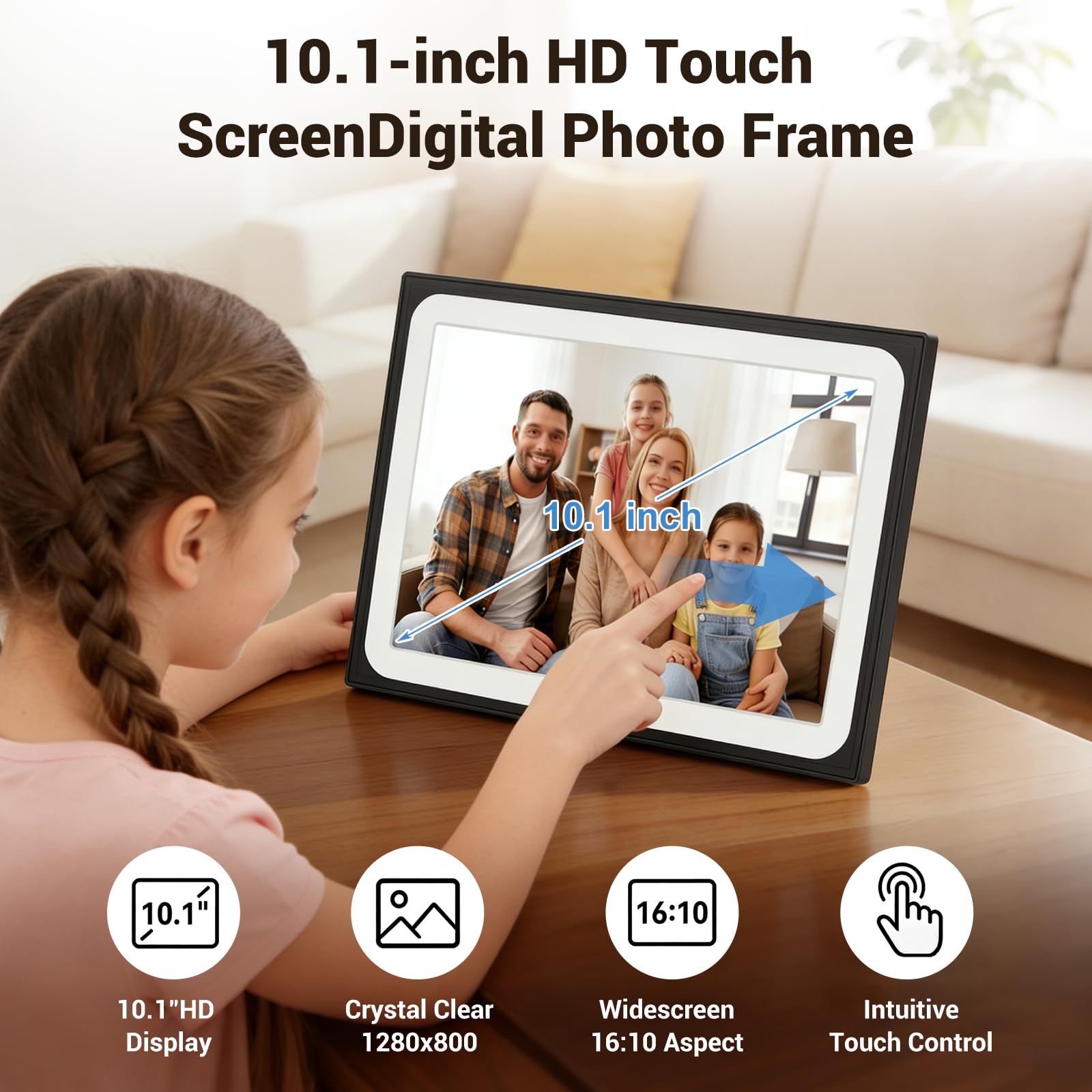 Marco de fotos digital de 10.1 pulgadas, pantalla táctil HD, marco de fotos digital habilitado para WiFi, almacenamiento de 16 GB, rotación automática, uso compartido instantáneo a través de