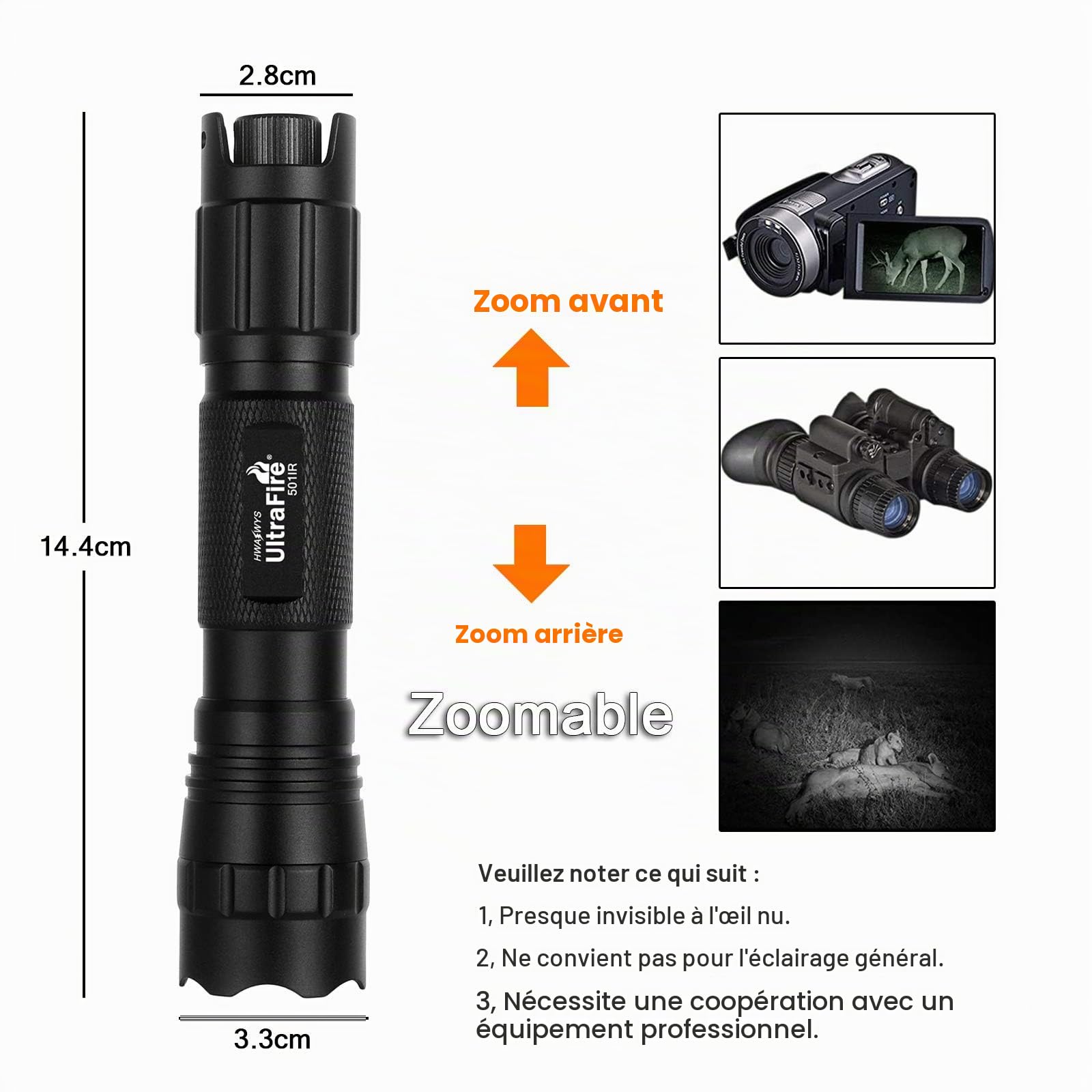 Ultrafire Lampe Torche IR 940nm Lampe Torche LED Infrarouge, Lumière IR Zoomable à Gradation Continue, Lampe Torche Infrarouge de Chasse pour Vision Nocturne, Observations Astronomiques, 501IR