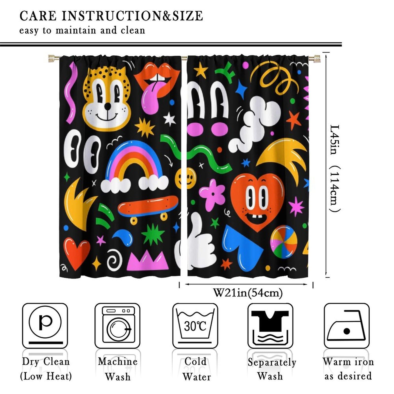 Groovy Cartoon Curtains, Fashion Funny Hippie 70s Boho Colorful Personality Pattern, Blackout Thermal Insulation Rod Pocket Window Treatments for Living Room Bedroom Bathroom (21x45in) x2 Panels