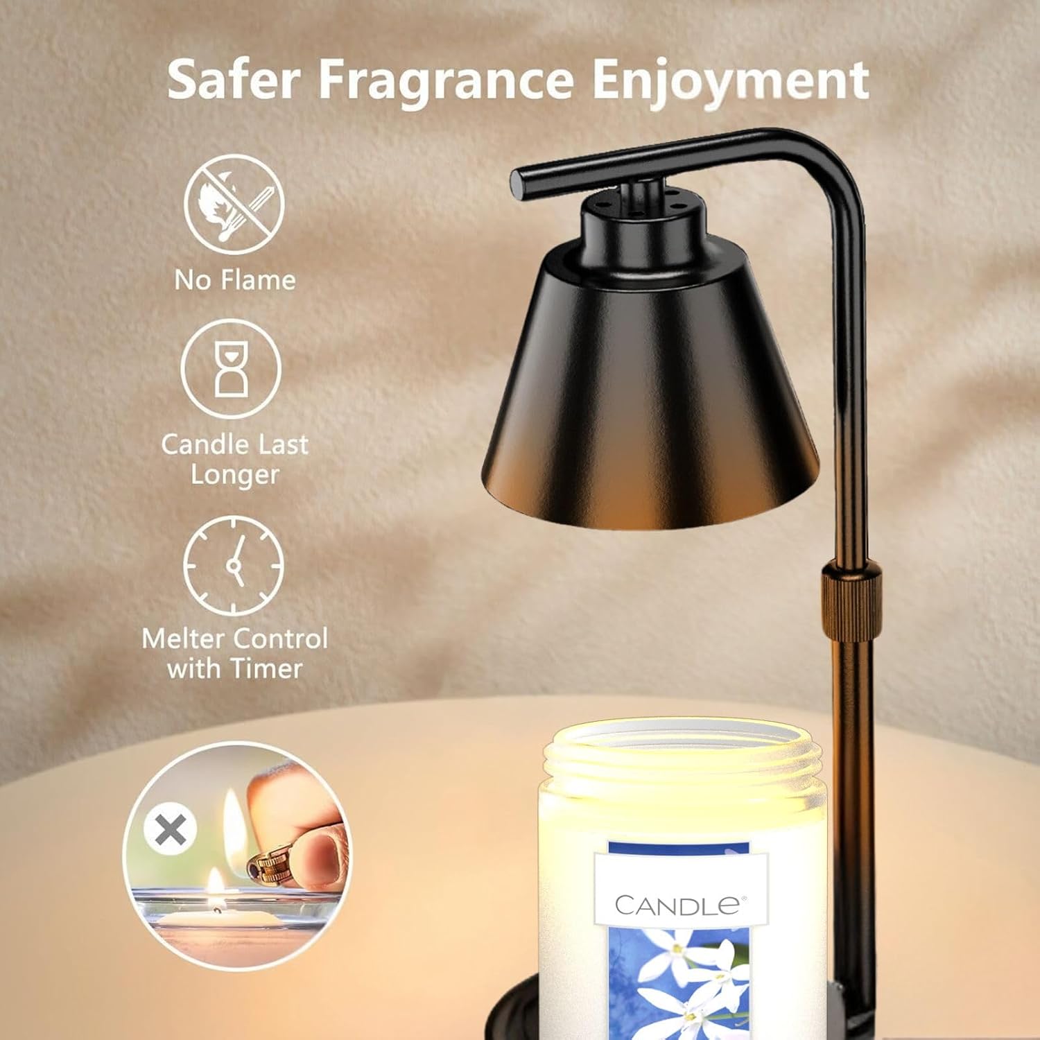 REIDEA Candle Warmer Lamp Timer Dimmer and Adjustable Height, Wax Melt for 3-Wicks Large Jar Scented Candles (D-4 inches), Safe and Efficient Way to Enjoy The Scents You Love, view 2