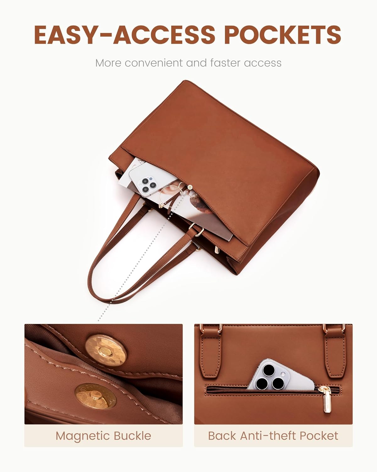 LOVEVOOK Tote Bag for Women Work, Laptop Bag Teacher Tote Bags, Waterproof Leather Computer Bag, Business Laptop Purse Office Handbag Professional Briefcase, 15.6 Inch, Brown - Image 5