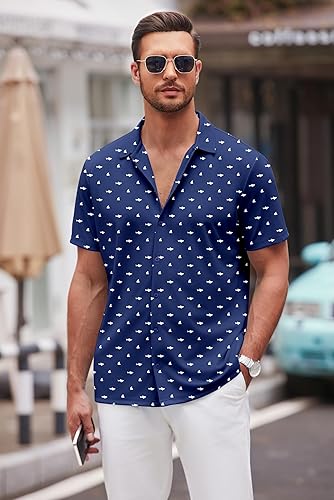 Miniatura 94 de COOFANDY Camisa casual con botones para hombre, manga corta, sin arrugas, camisa de verano