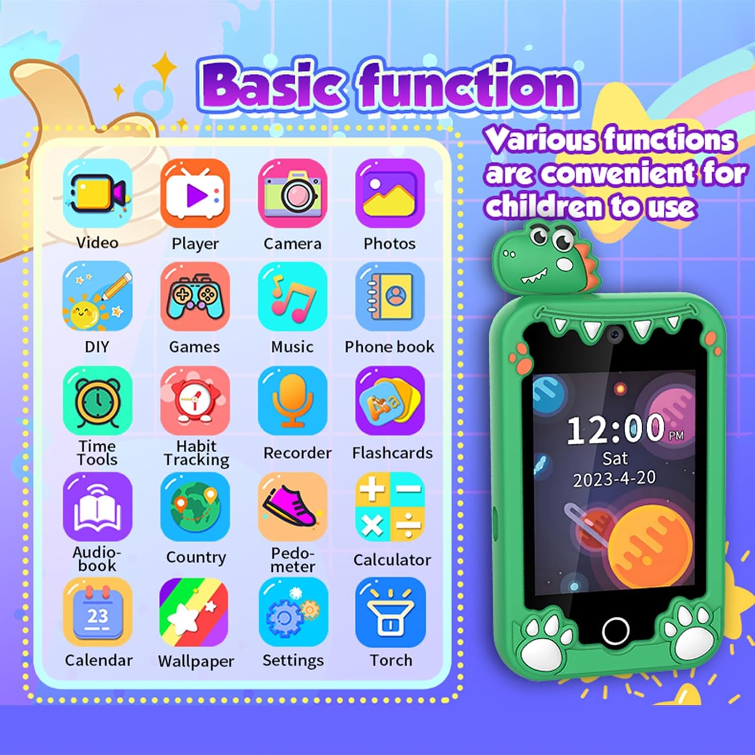 Buachois Kids Smart Phone Toy,2.8" Touchscreen Learning Phone with Dual Camera,Music Games,8GB Card,Educational Birthday Gift (Green Dinosaur)