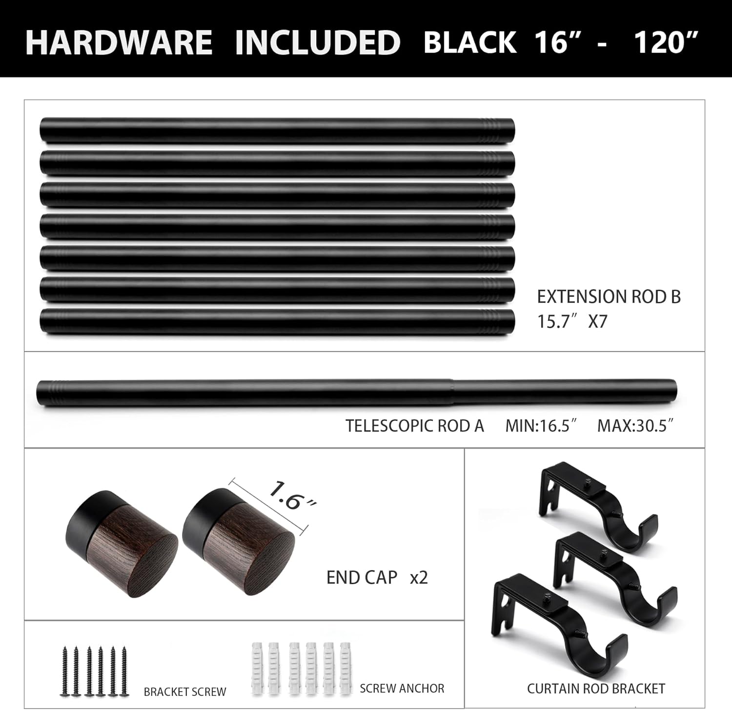 Heavy Duty Rustic Wooden Curtain Rod, 16-120 Inch Adjustable, 1 Inch Diameter Wall Mounted Dark Wood Grain Drapery Rod for Bedroom, Living Room, Study, Dining Room