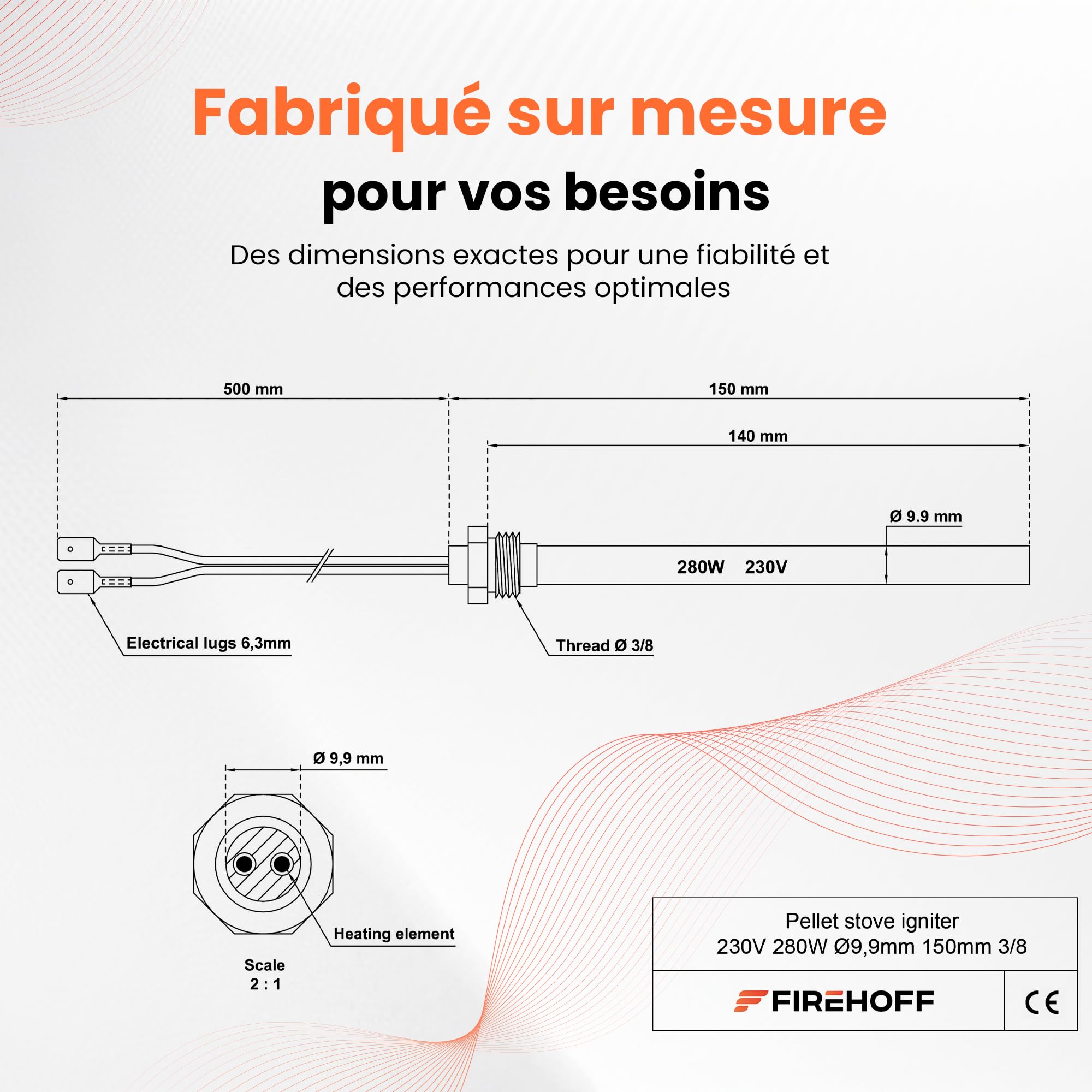Bougie poêle à granules - PIAZZETTA/SUPERIOR/JOLLY MEC/INTERSTOVES/MCZ/FREEPOINT/RED/KAUSIFLAM/SKIA - 280W, 140mm, Ø 9,9mm, filetage 3/8, avec cosses - GARANTIE 2 ans - Made in Italy