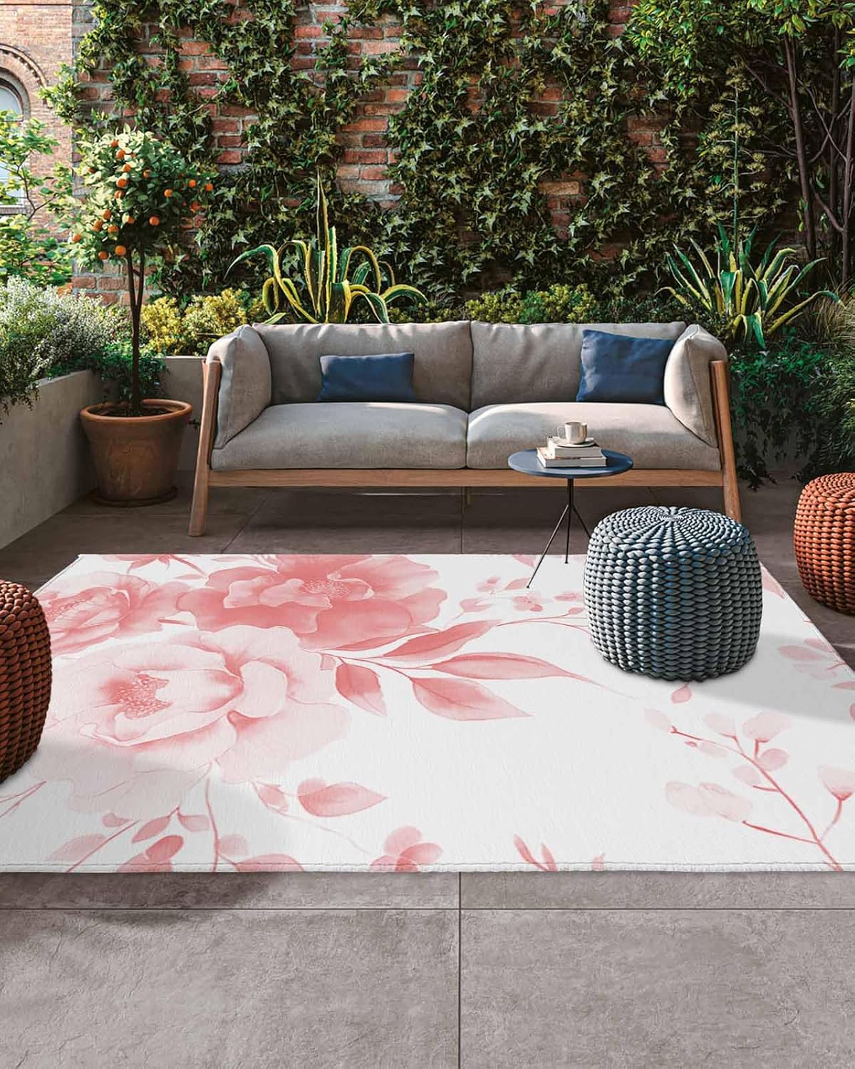 Outdoor Rug 4x6 ft Pink Floral Outdoor Large Area Rug Non Slip Rubber Elegant Watercolor Flower Front Door Mat RV Rug Camping Carpet Patio Outdoor Rugs for Backyard Balcony Deck Porch Indoor Outside