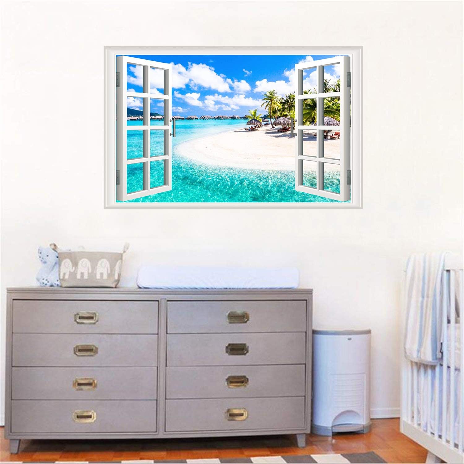 Fake Windows Wall Sticker Removable 3D Beach Seascape Faux Windows Wall Sticker Vinyl Self-Adhesive Beach Landscape Palm Tree Wall Mural Stickers for Bedroom Living Room Decoration : Tools & Home Improvement