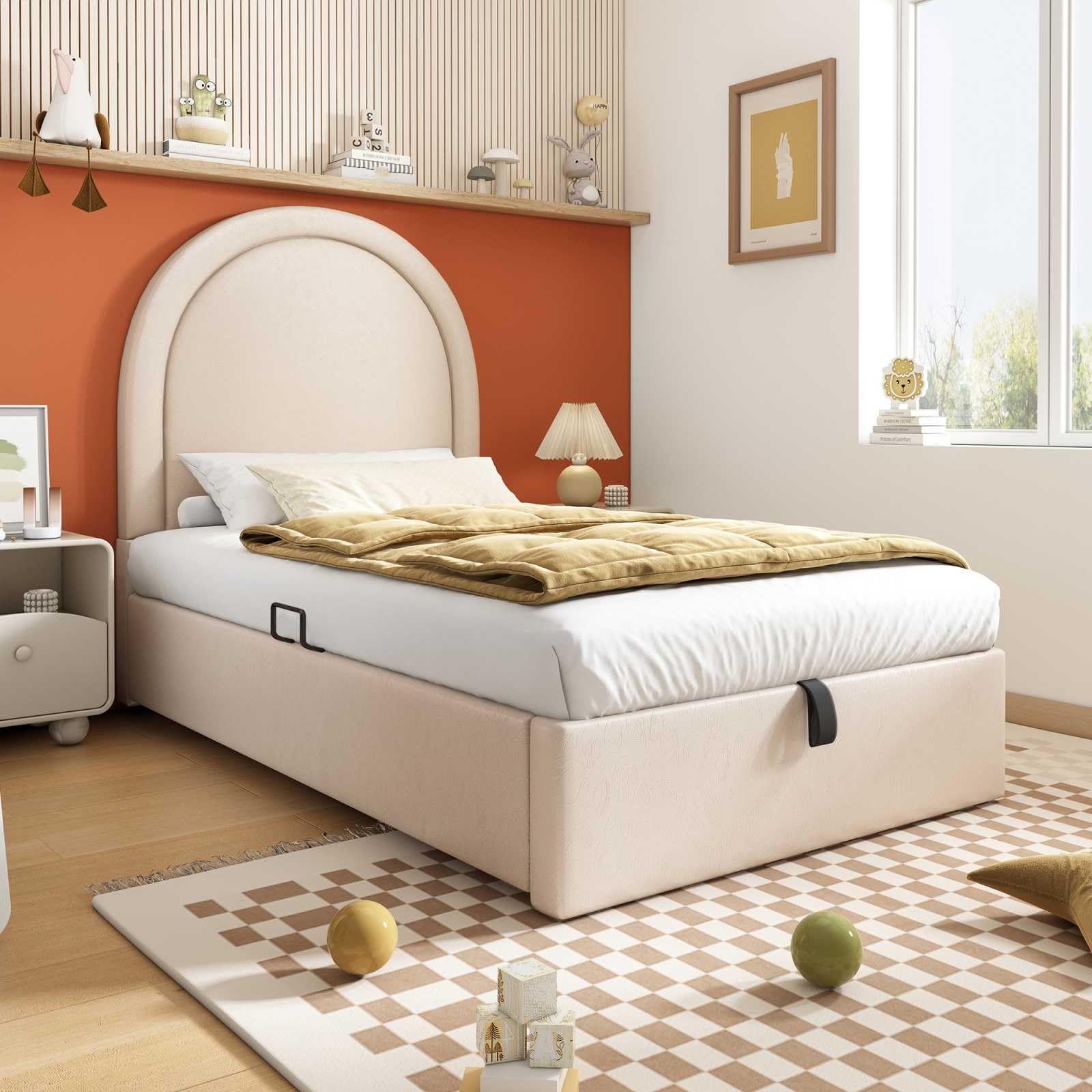 YEHTOKHOME Lit capitonné de Rangement hydraulique,Tête avec Arc en Demi-Cercle,PU rembourré Simple lit d'enfant avec sommier à Lattes(sans Matelas) (Beige, 90x190cm)