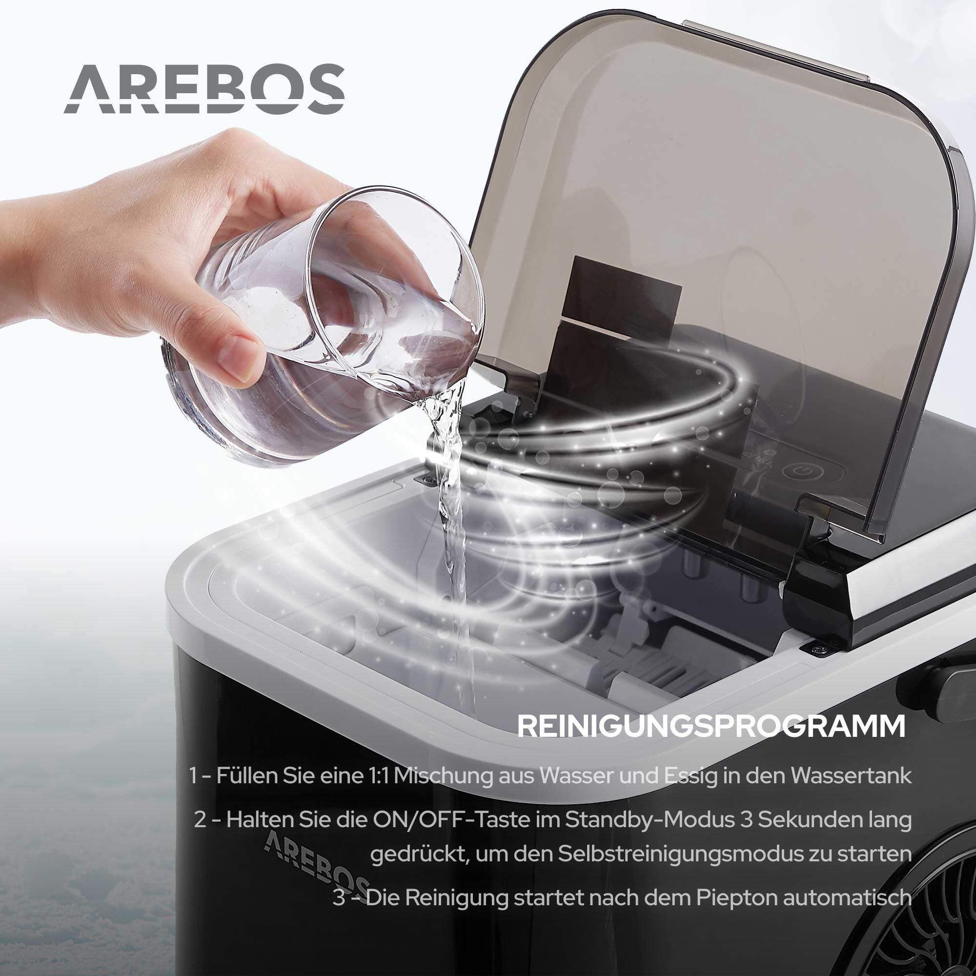 Arebos Eiswürfelmaschine 12 kg/24h | Ice Cube Maker R600a | 8 Eiswürfel in 10 Min | 1,1L Tank | Selbstreinigend & Leise | inkl. Schaufel & Behälter | Eiswürfelbereiter mit Sichtfenster | Schwarz