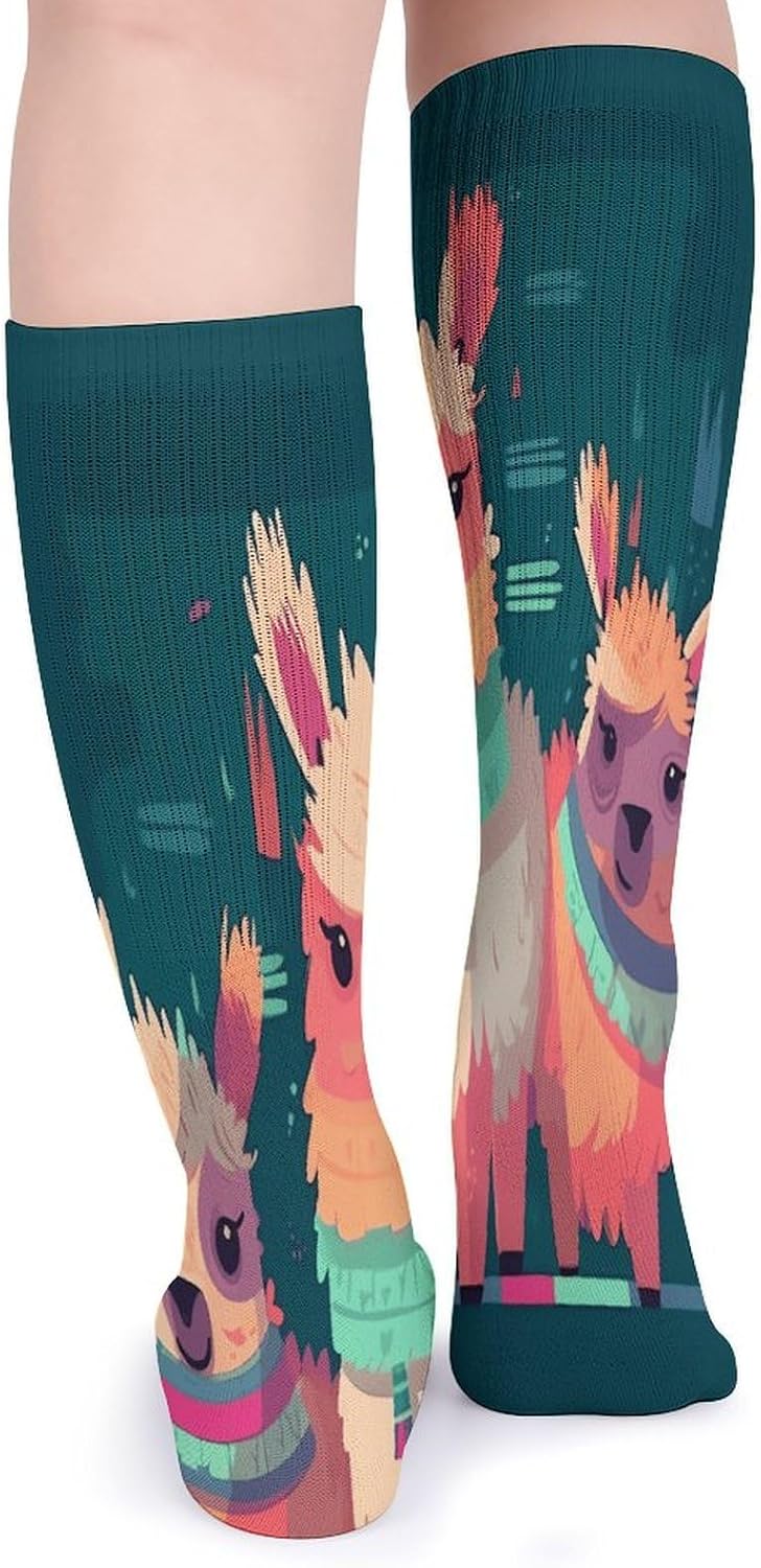 Cute Llama Cartoon Crew Socks Cozy Casual Calf Socks Lightweight Long Work Sock Breathable Athletic Sock for Hiking Sports Running 5 Pairs