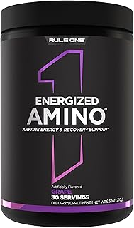 Rule 1 Energized Amino – Anytime Energy and Recovery Support with BCAAs, Glutamine, Citrulline, Beta Alanine, and Caffeine from Green Coffee & Tea Leaf Extracts (30 Servings, Grape)