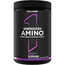 Rule 1 Proteins Energized Amino Anytime Energy and Recovery Support with BCAAs, Glutamine, Citrulline, Beta Alanine, and Caffeine from Green Coffee & Tea Leaf Extracts 30 Servings, Grape