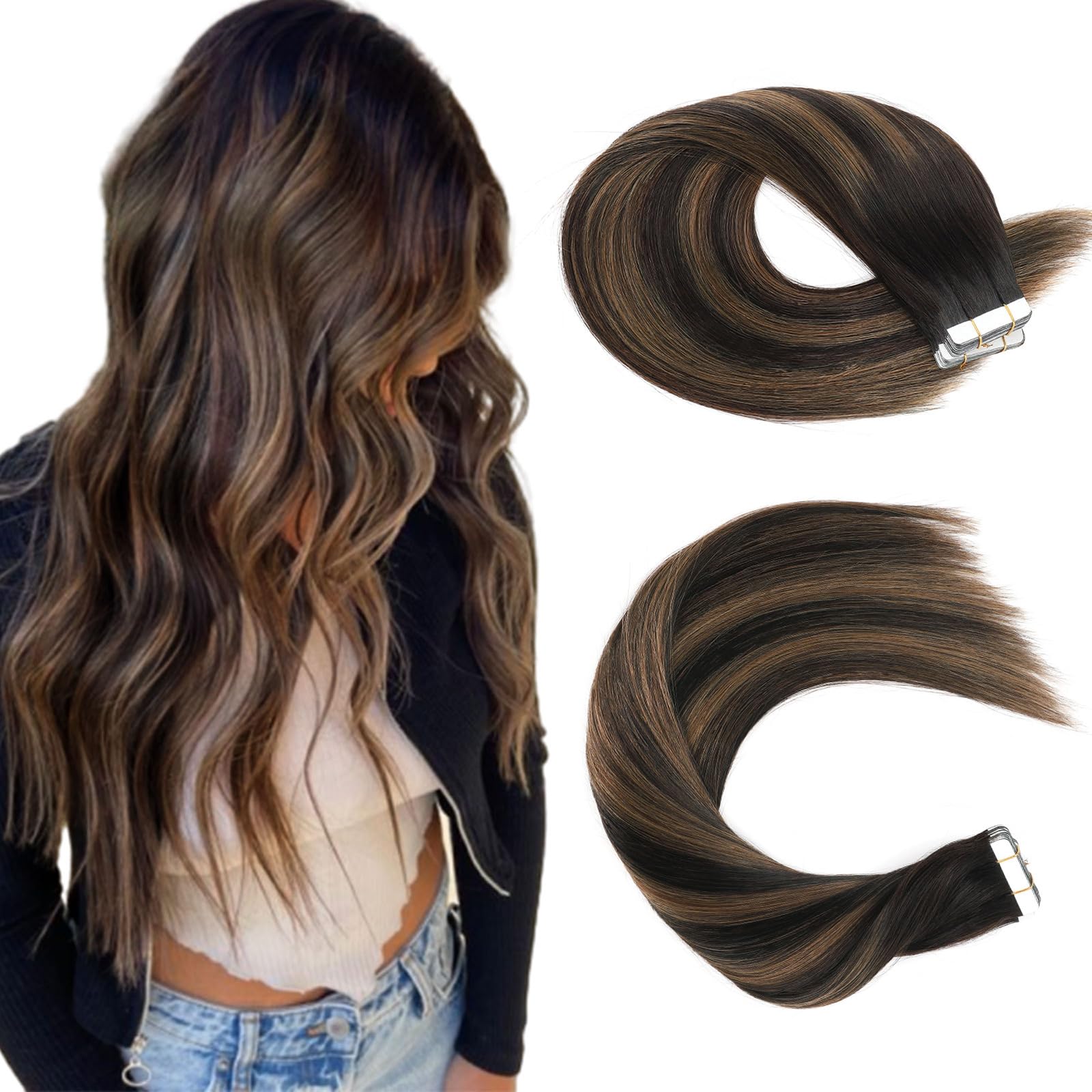 Sassina Tape in Hair Extensions Human Hair 18 Inch Double Sided Remy Human Hair Extensions Dark Brown to Chestnut Brown Tape in Hair Extensions Real