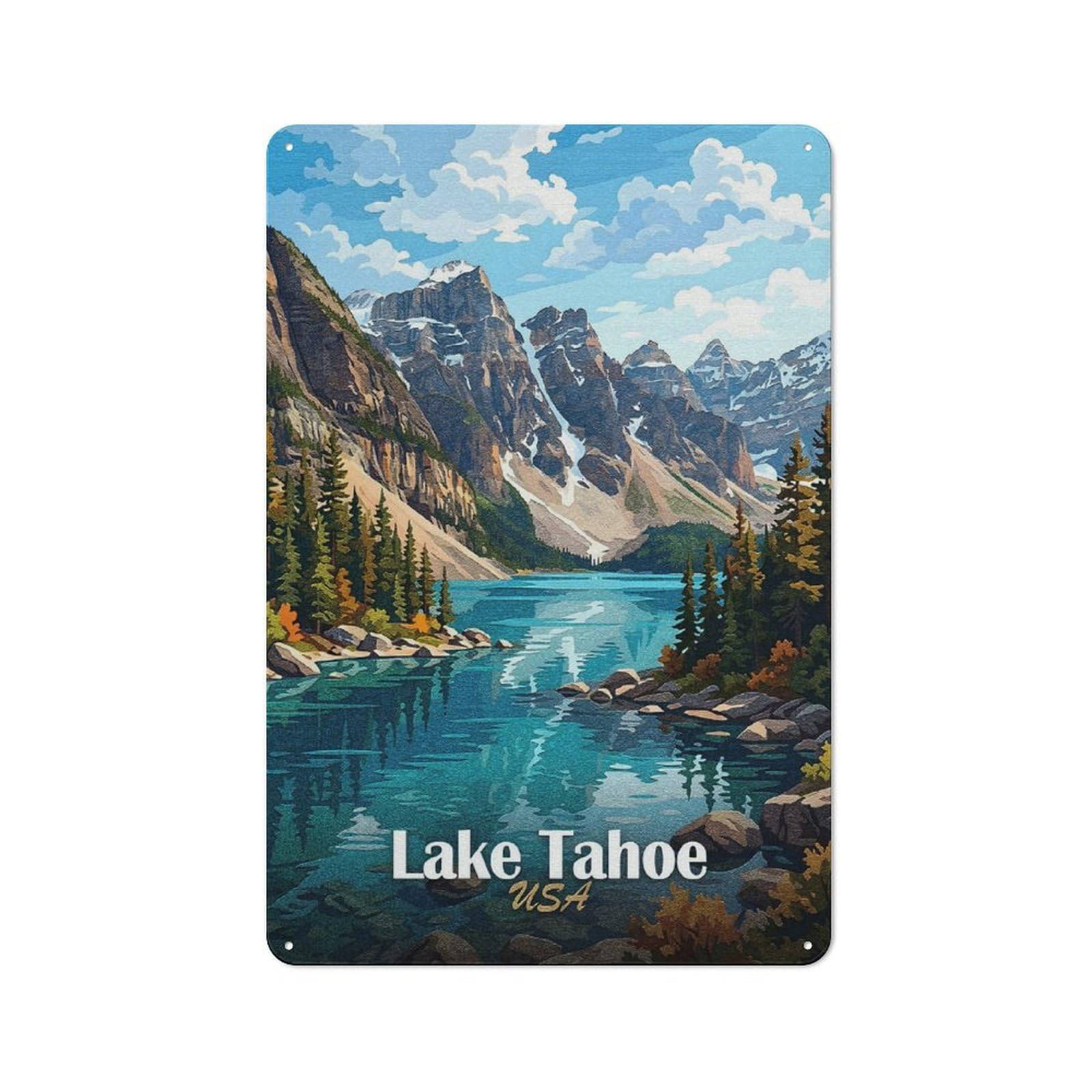 Lake Tahoe USA Landscape Painting Warehouse Style Metal Wall Decor 30x20cm, Metal Wall Sign for Workspace, Cafe, Hallway Or Garage