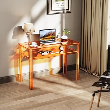 Clear Acrylic Desk with Open Storage, Home Office Computer Writing Desk Office Study Table (Orange, 39.4'' x 19.7'' x 29.5'')