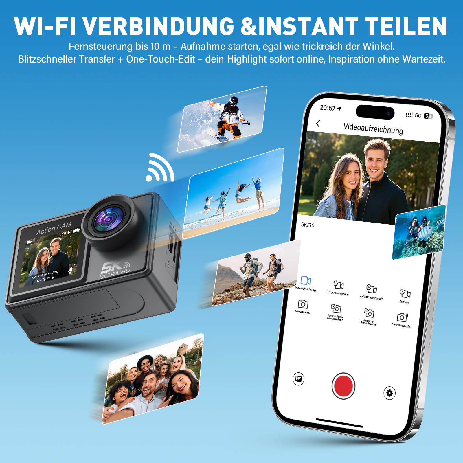 Action Cam 5K/ 4K, 50MP 30M/98FT wasserdichte Unterwasserkamera mit 64GB SD Karte, EIS, WiFi, 170° Ultra-Weitwinke Action Kamera–Ideal für Fahrrad, Schnorcheln, Motorrad, helmkamera