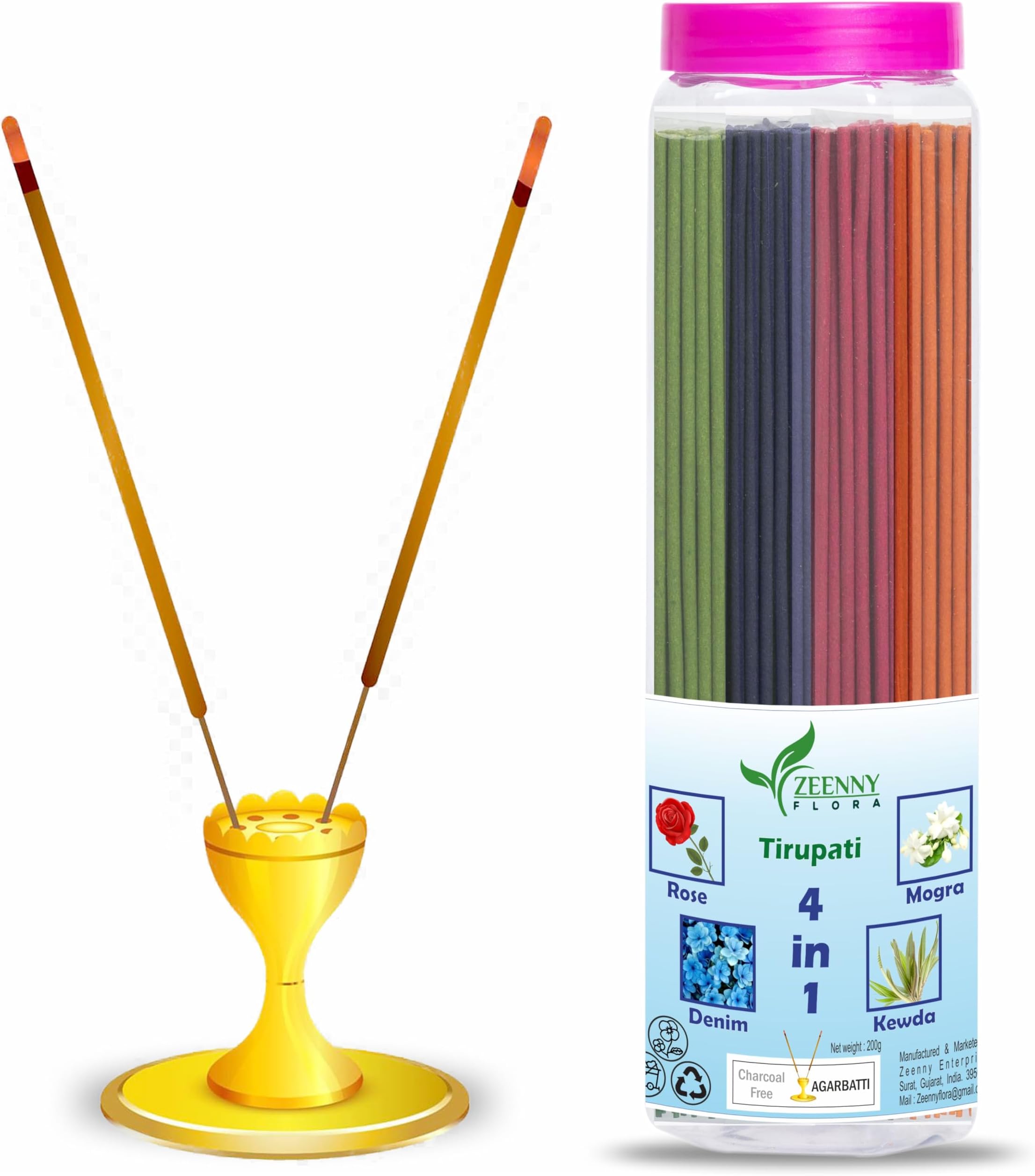 ZEENNY FLORA Tirupati 4in1 Incense Sticks, Rose, Kewda, Mogra, & Fency Agarbatti for Daily puja & Meditation, Set of 200g (50g x 4) (4in1 Tirupati)