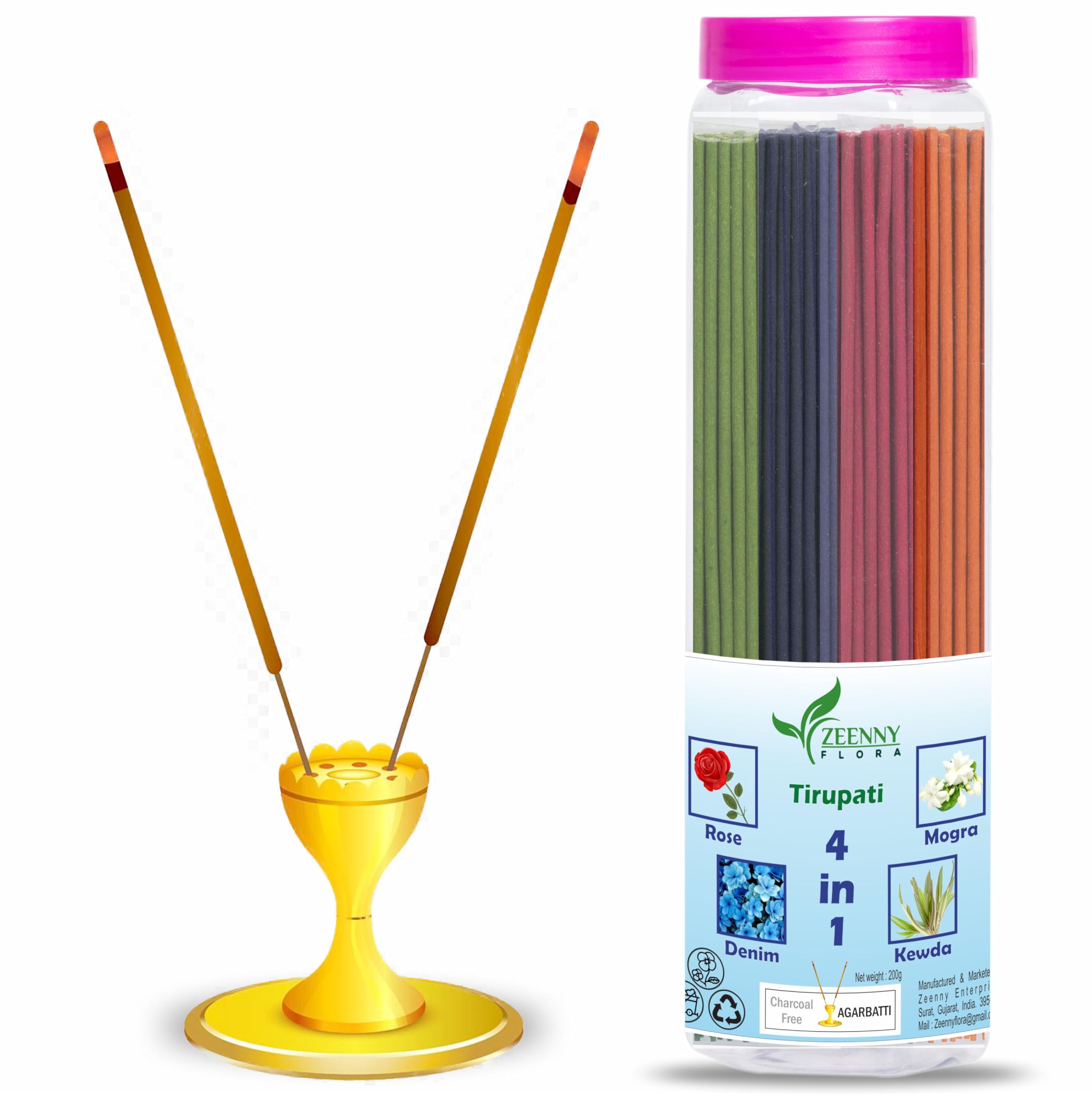 ZEENNY FLORA Tirupati 4in1 Incense Sticks, Rose, Kewda, Mogra, & Fency Agarbatti for Daily puja & Meditation, Set of 200g (50g x 4) (4in1 Tirupati)