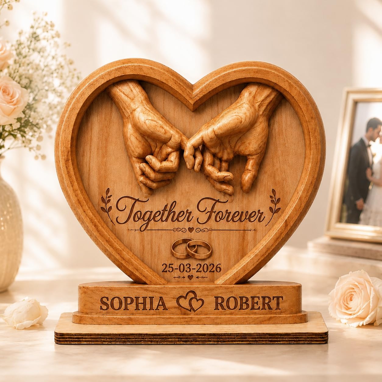 Personalized Couple Heart Hands Forever Love with Name Date, Custom Anniversary Wooden Plaque for Couples, Couple Gifts for Him and Her, Wife Husband Birthday Gift, Anniversary Table Decorations