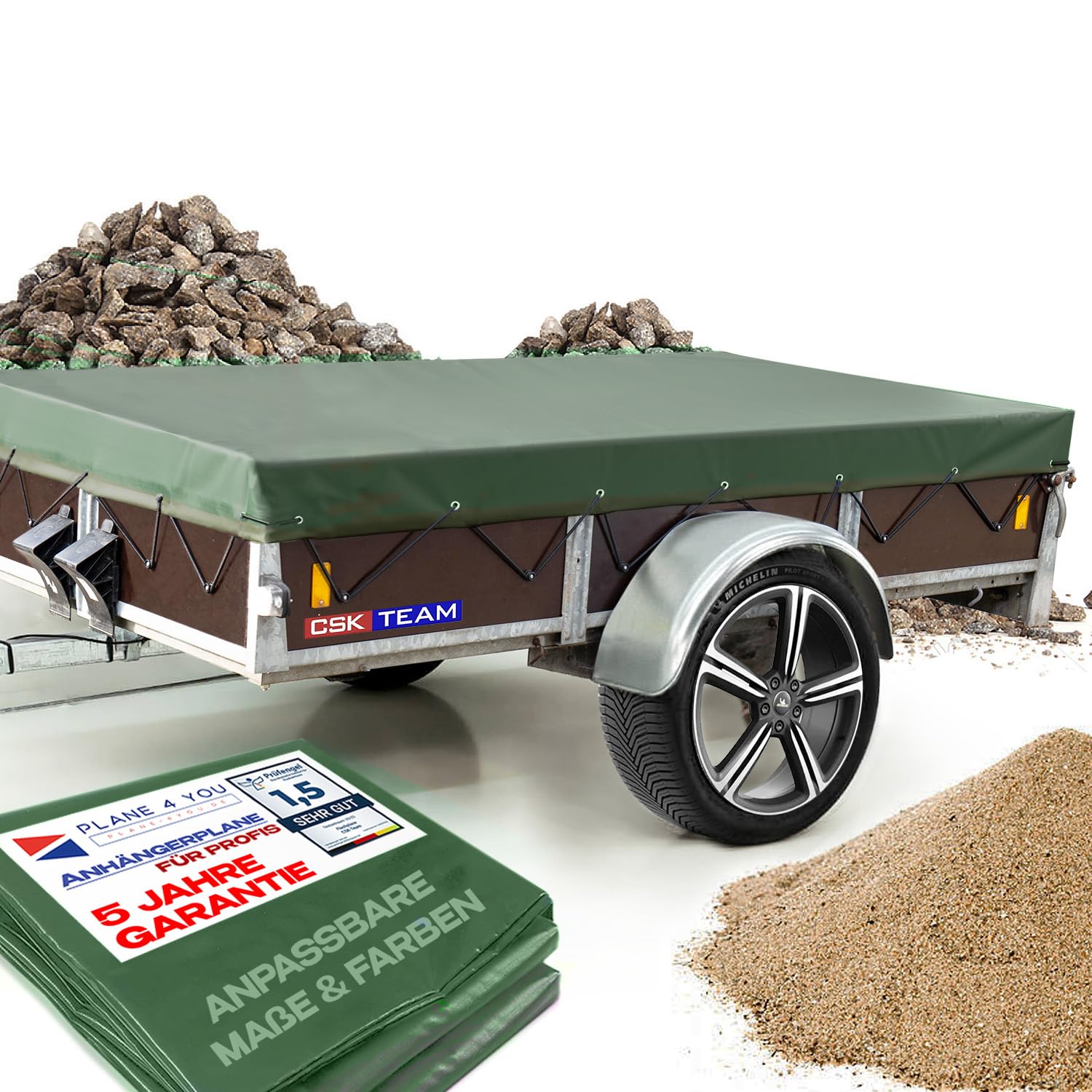 Hochwertige Anhängerplane 282 x 176 x 6 cm - Flachplane für Saris Anhänger - wasserdichte PVC Abdeckplane I Plane nach Maß - Bronzegrün - Matt - Oliv grün - Tarnplane - Bundeswehr