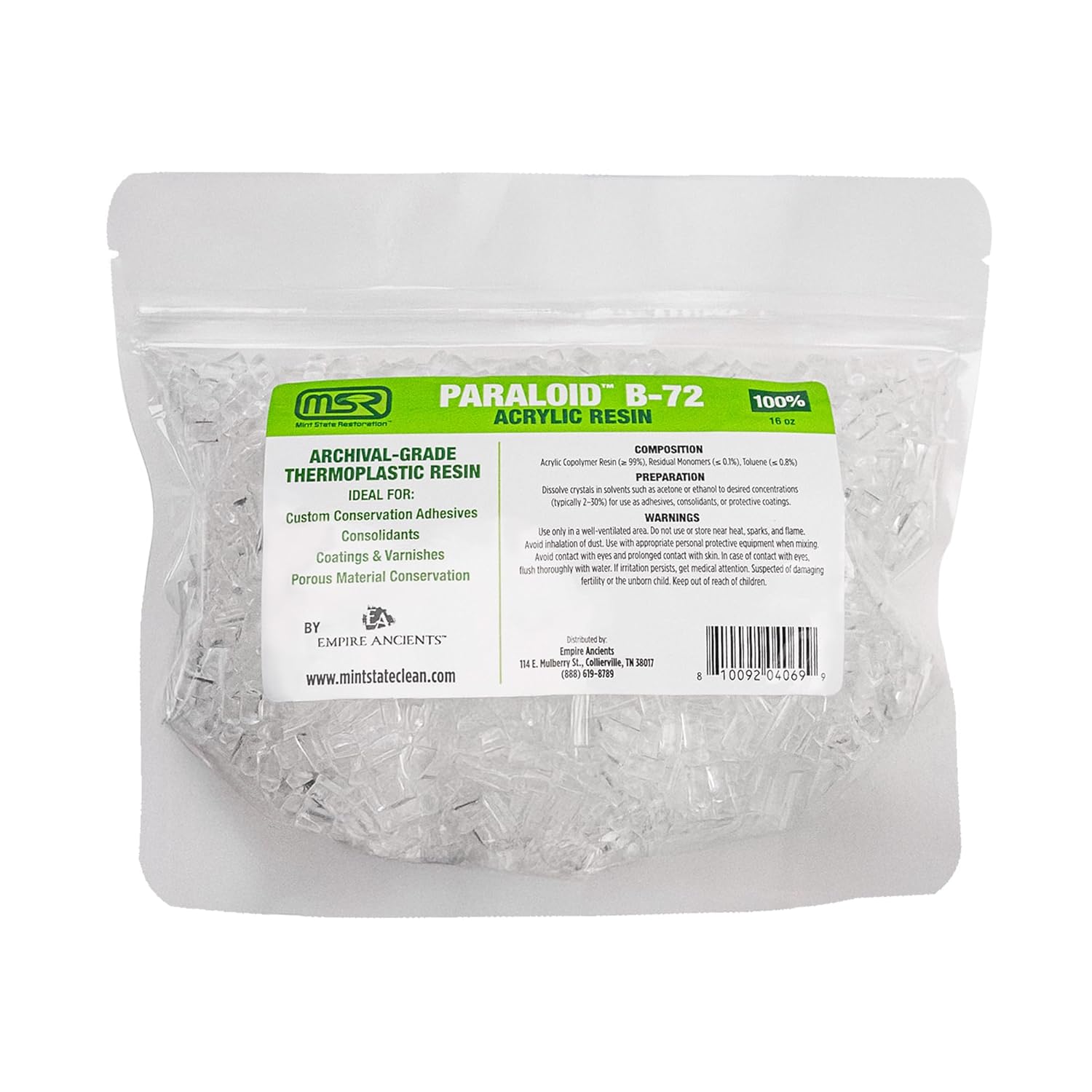 Paraloid B-72 Crystals - Mint State Restoration (MSR) 100% Acrylic Resin, Archival-Grade (16 oz)
