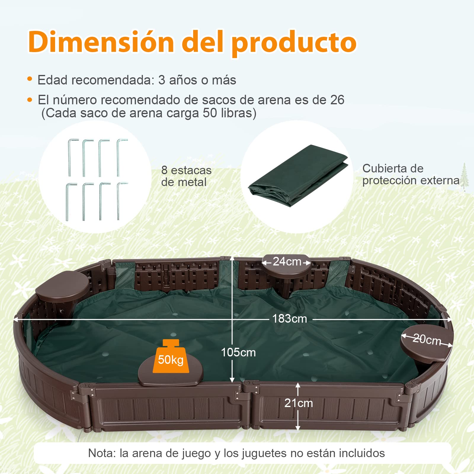 COSTWAY Arenero Infantil Elíptico 183 cm, Arenero con Cobertura Impermeable, Cobertura Inferior y Asientos Incorporados en los Ángulos, para 4 Niños, Kit Arenero de Exterior para Patio (elípticio)
