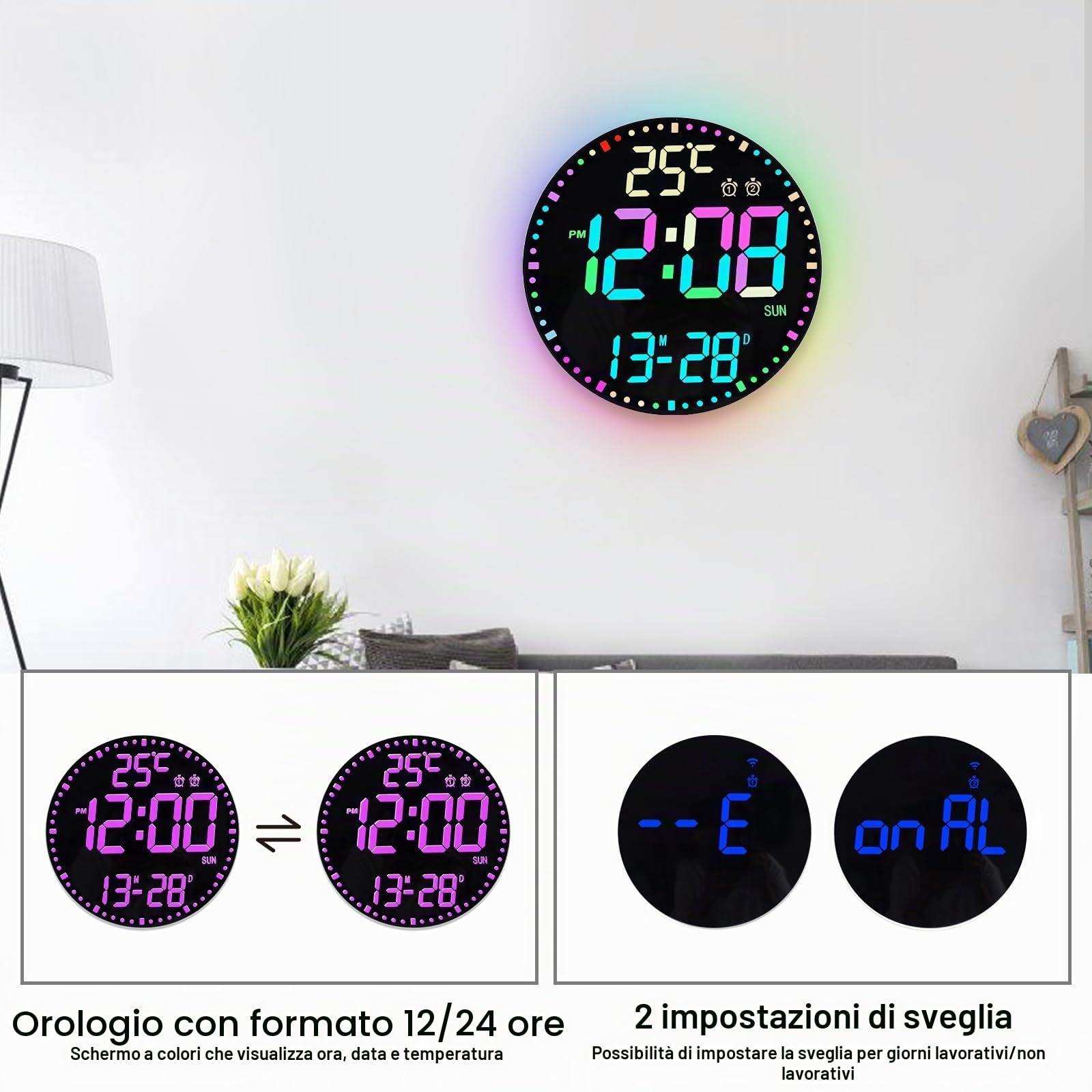 Orologio da parete digitale da 12 pollici con luce notturna, orologio da parete digitale con telecomando, allarme, grande orologio digitale, con luce notturna, 12 colori RGB visualizzazione della