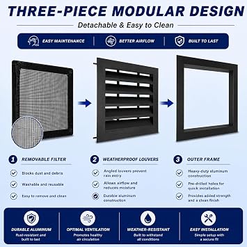 24*16 Gable Vent,Aluminum Alloy Wall Vent Shed Vents,with Removable Strainer and 180 Degree Opening Angle.Ideal for Attic,Shed,Garage,Play House,Coop.[Inside Dimensions:22w X 14h]-Black 1 Pack