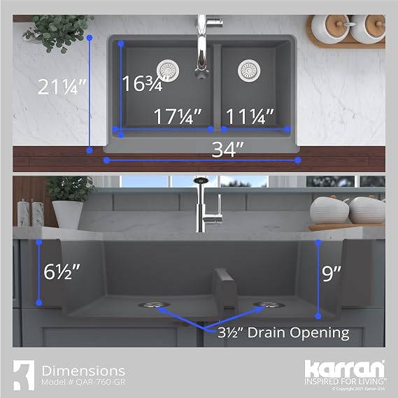 Karran QAR-760 Retrofit Farmhouse/Apron-Front Quartz Composite 34 in. Double Offset Bowl Kitchen Sink Kit in Grey