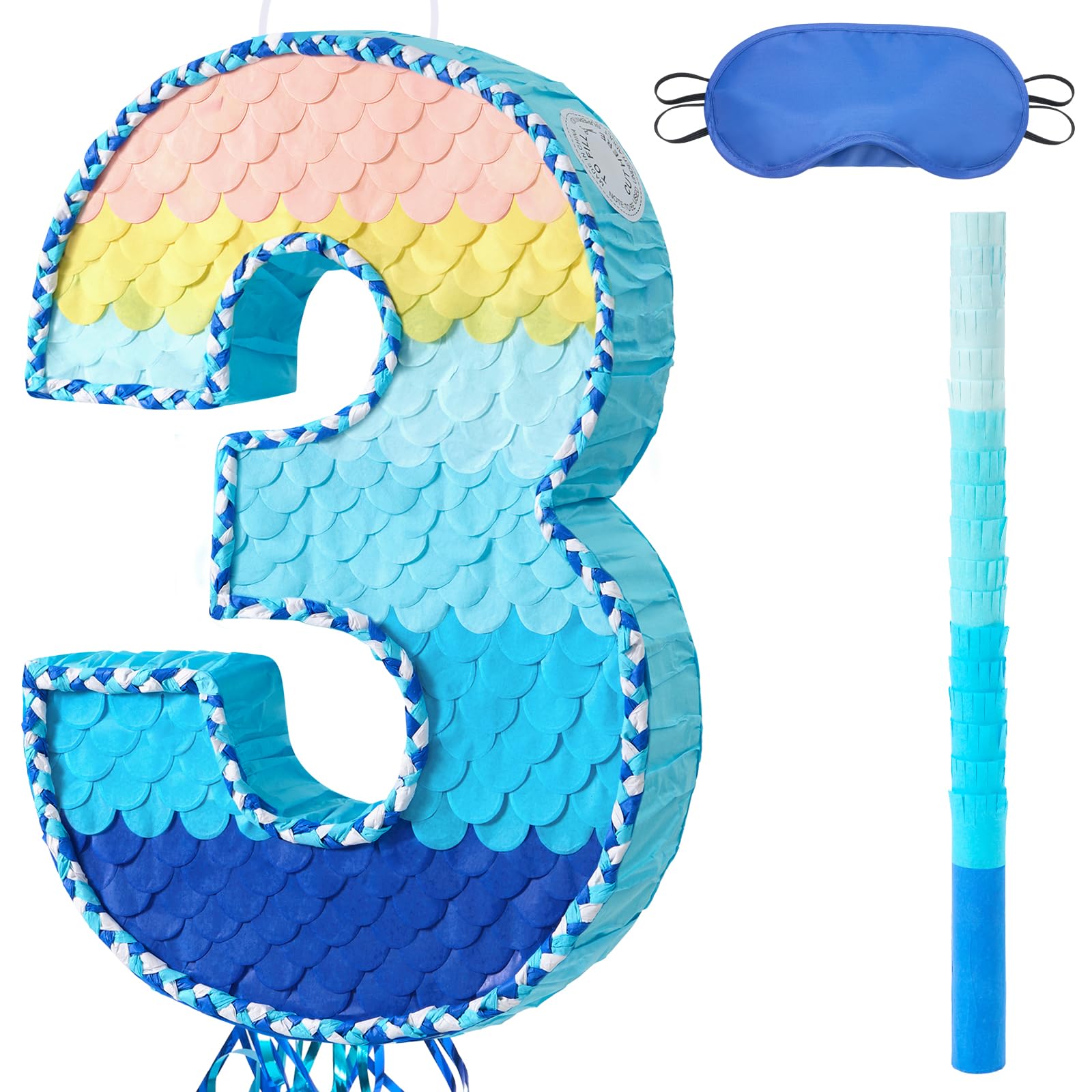 WERNNSAI Number 3 Pinata - 3rd Birthday Decorations Blue Number Pinata with Blindfold and Stick for Three Party Supplies 3 Year Anniversary Decoration Photo Props Gradient