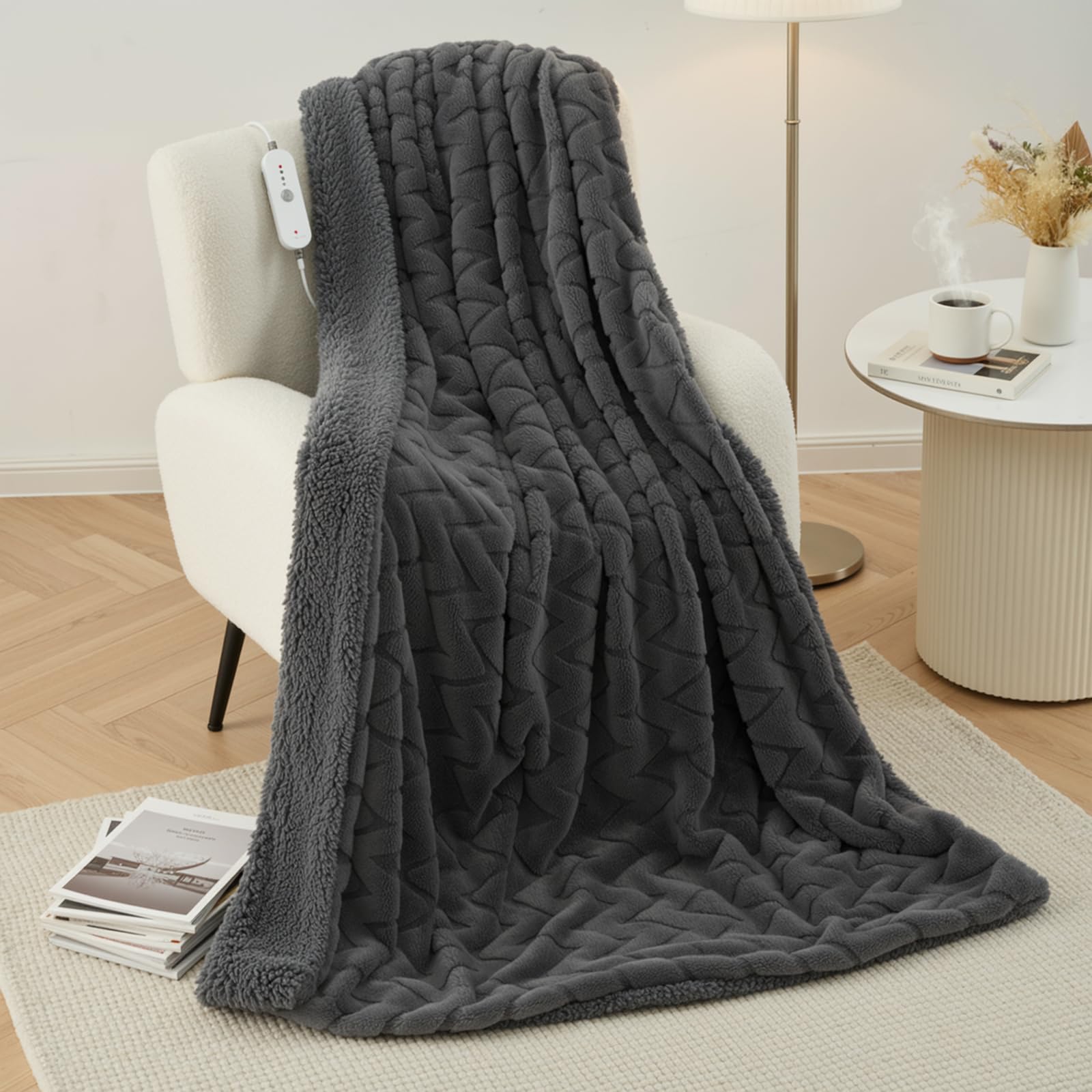 Electric Heated Blanket 130 x 180 cm, 4 Levels & Timer 10H Auto-Off, Machine Washable, Soft Bunny Fleece & Sherpa, Full Body Warming, Use Sofa Bed Office (Dark Grey)