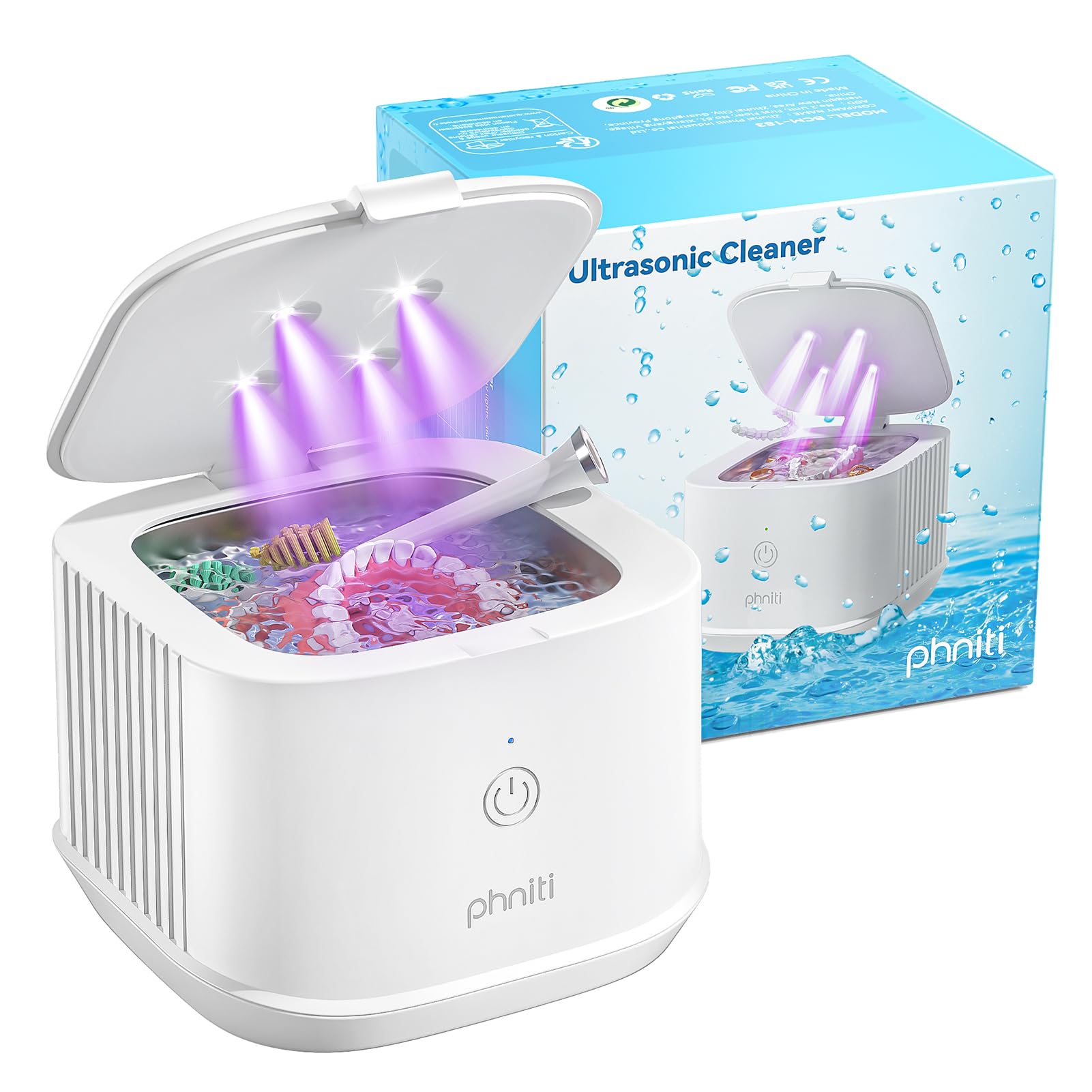 Ultrasonic Retainer Cleaner, Phniti 48kHz Professional Ultrasonic Jewellery Cleaner for Retainers, Jewellery, Dentures, Mouth Guard, Aligner, Toothbrush Heads, 13OZ Portable Dental Cleaning-White