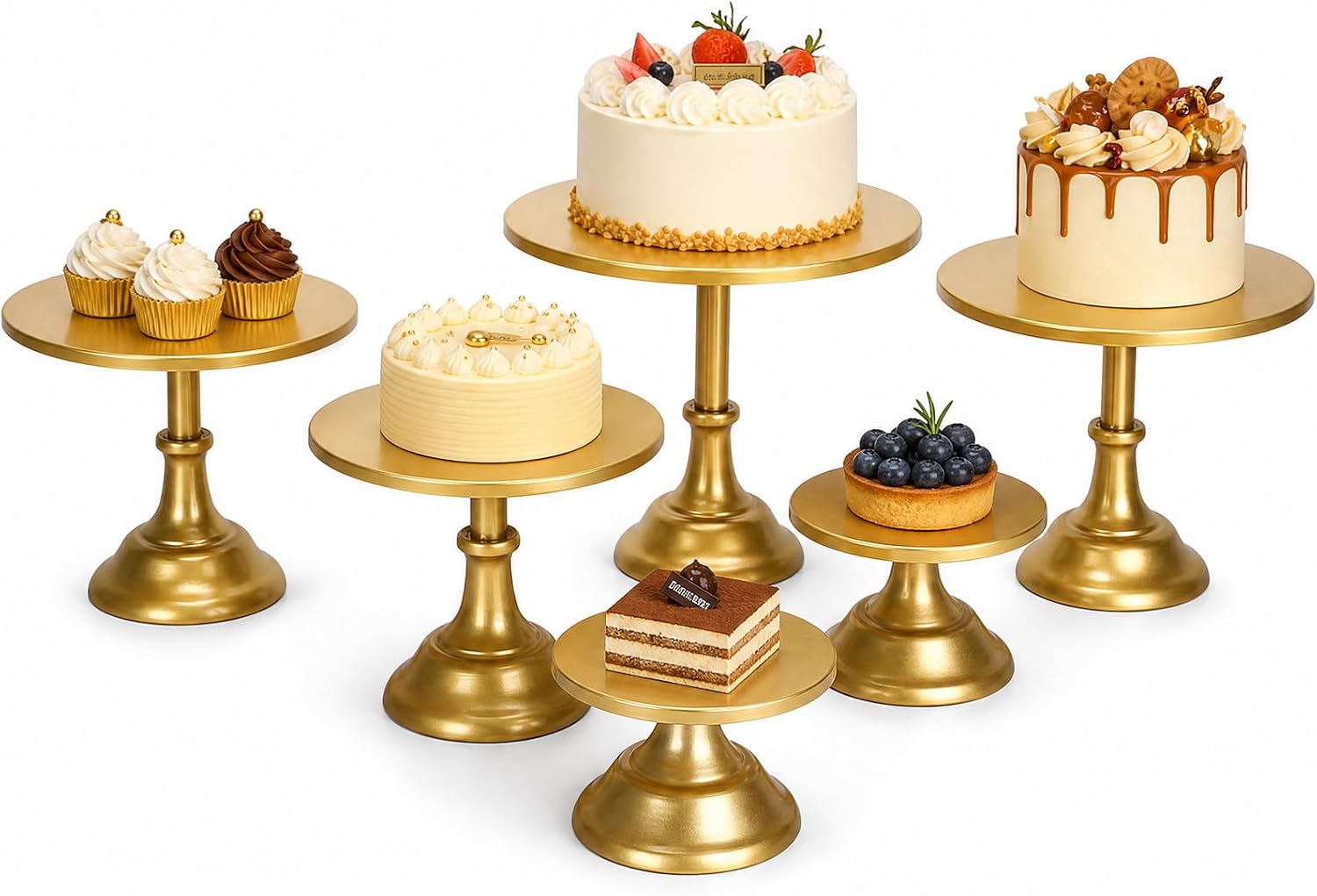 6 Pcs Gold Cake Stand Set, Round Dessert Cupcake Holder Metal Plate Cake Serving Tray for Birthday Wedding Party Baby Shower Anniversary Celebration(Style C,Multiple Sizes)