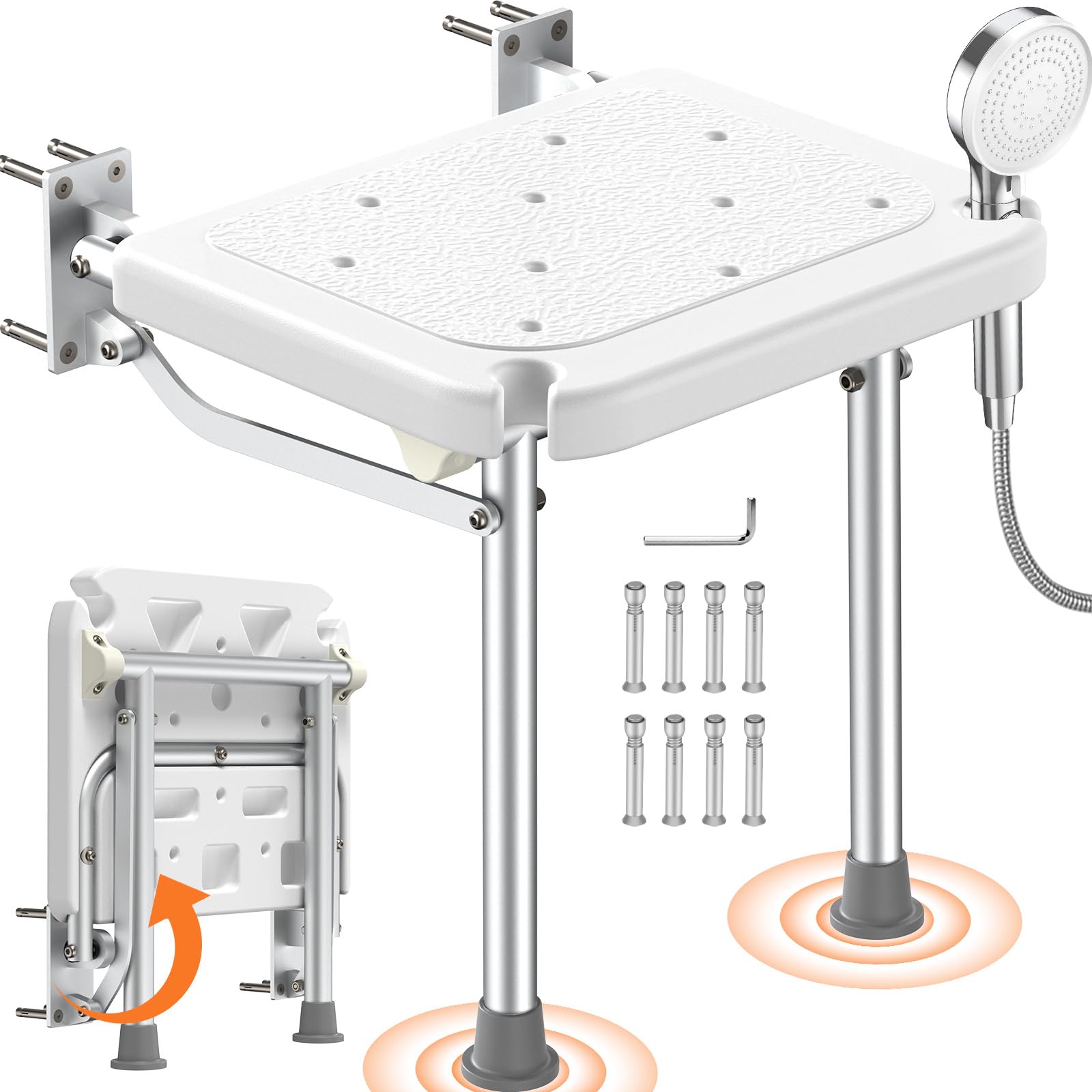 Luckfaith LC13 Wall-Mounted Folding Shower Seat – Foldable Chair with Support Legs 348 lbs Capacity, Anti-Slip Bath Seat for Elderly, Seniors, Disabled