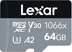Lexar Cartão de Memória 1066x micro SD 64GB - 160MB/s Leitura, 70MB/s Escrita, C10, U3, V30, A2 - Silver