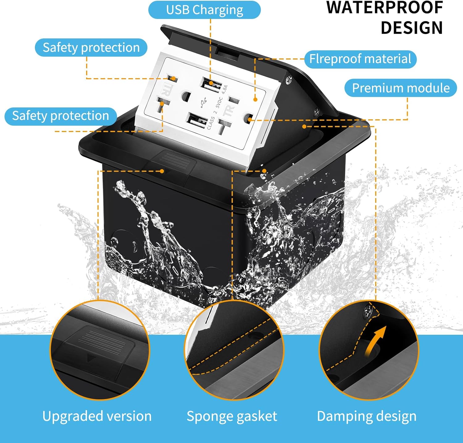 Vagueior Pop-Up Floor Box Kit, Waterproof Electrical Outlet Cover Box, Hidden 4.8A USB & 20A Tamper-Resistant Receptacle Outlet with Slow Elastic Damping, UL Certified, Black