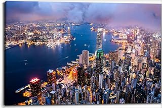 Canvas Wall Art for Living Room Bedroom Hong Kong aerial cityscape at night City skyscrapers and Harbor lights Big Large Wall Art Decor Framed Painting Wall Pictures Prints Artwork 24x32in
