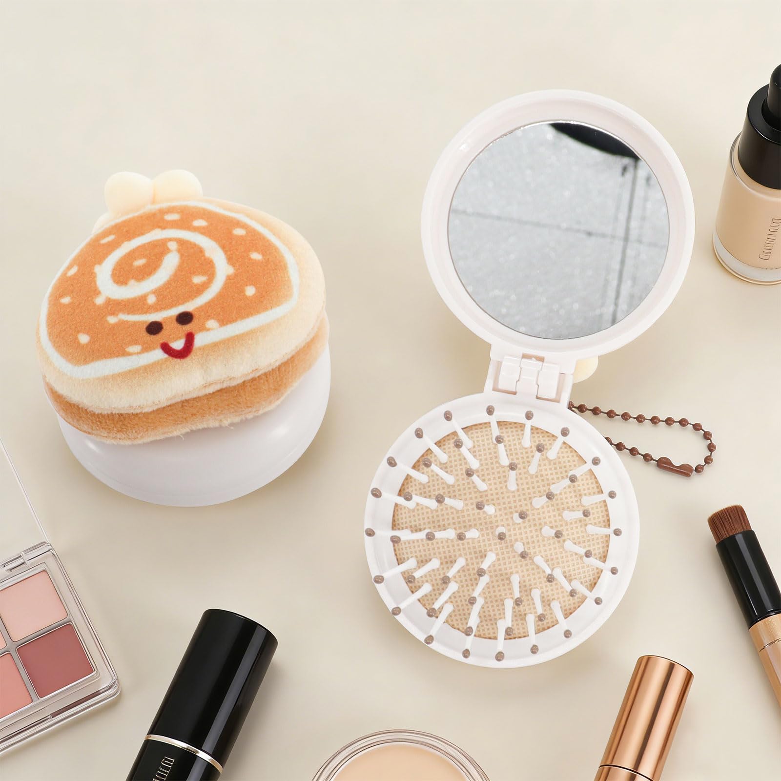 Cute Folding Mirror Comb with Mirror, Round Folding Pocket Hair Brush for Women and Girls Going Out and Travelling(Swiss Rolls)