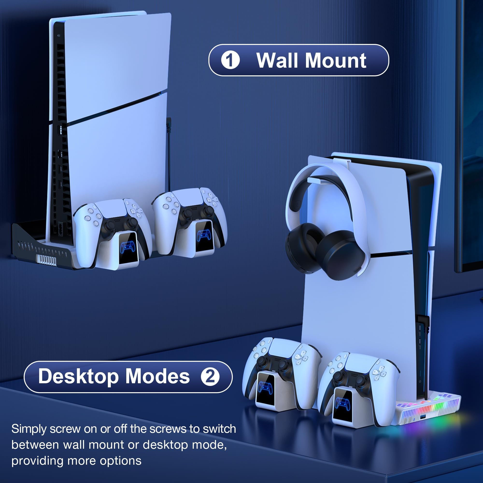 HELLCOOL Supporto PS5 con Ventola di Raffreddamento, Base Verticale per PS5, Stand con Doppio Ricarica Controller, 14 Slot di Gioco, Staffa in Metallo, Luci RGB