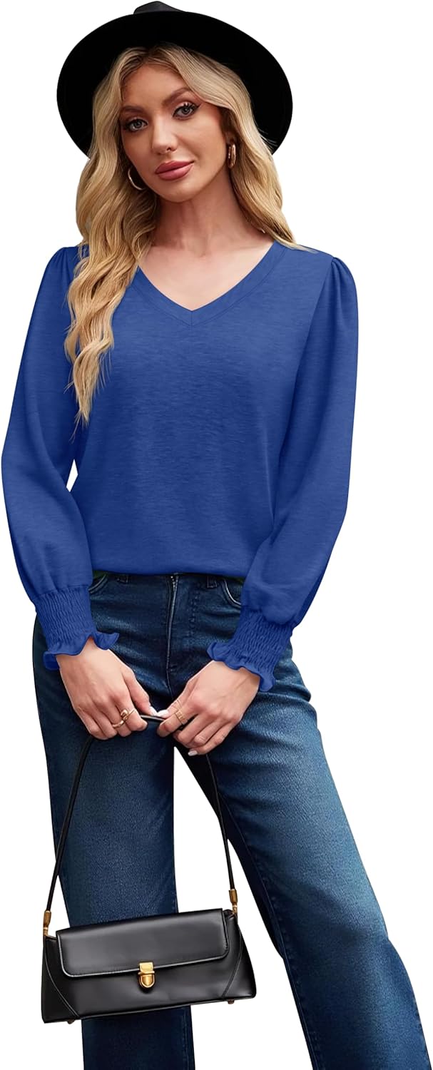 Long Sleeve Shirts for Women V Neck T-Shirt Dressy Business Casual Blouses Basic Tee Tunic Tops Work Office Fall Clothing 2025 Blue XXL - Image 5