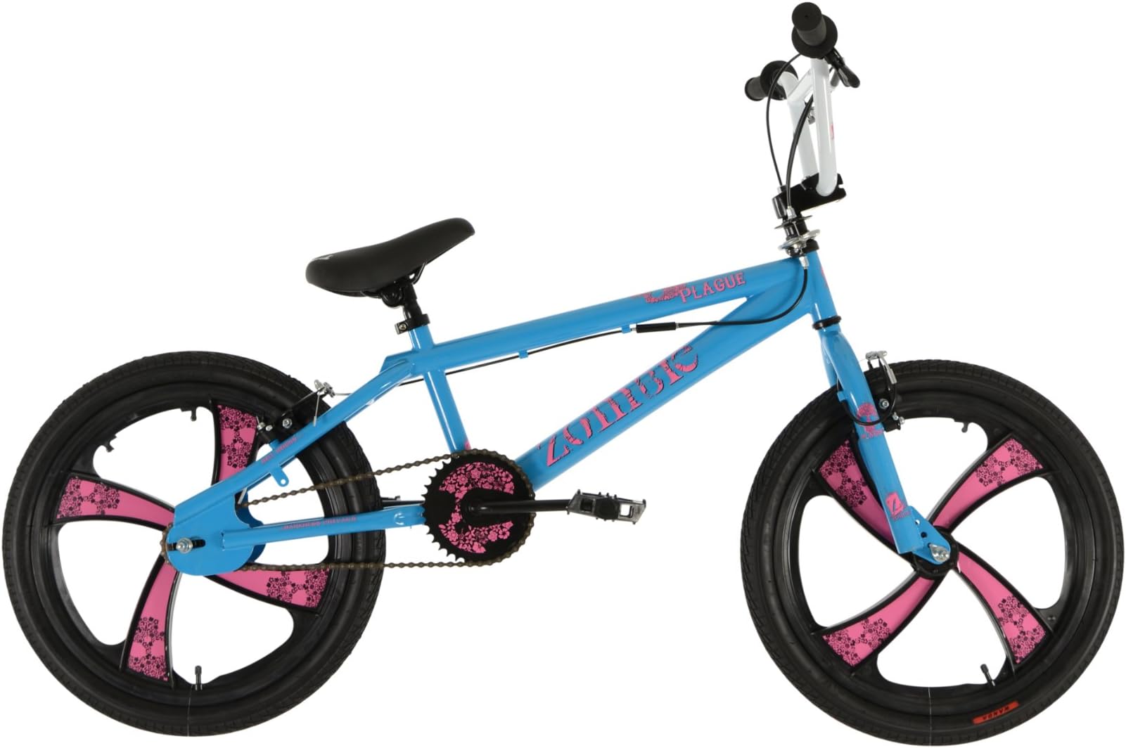 Zombie Plague Kids' Freestyle Bike Blue/Pink, 10" inch steel frame, 1 speed 4 spoke mag-wheel bmx 36 tooth chainring and 16 tooth freewheel