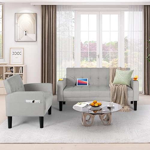 Miniatura 5 de AILEEKISS Juego de sofá de 2 piezas para sala de estar, sofá biplaza con 2 USB, portavasos, bolsillo lateral, tela moderna, juego de 2 sofás