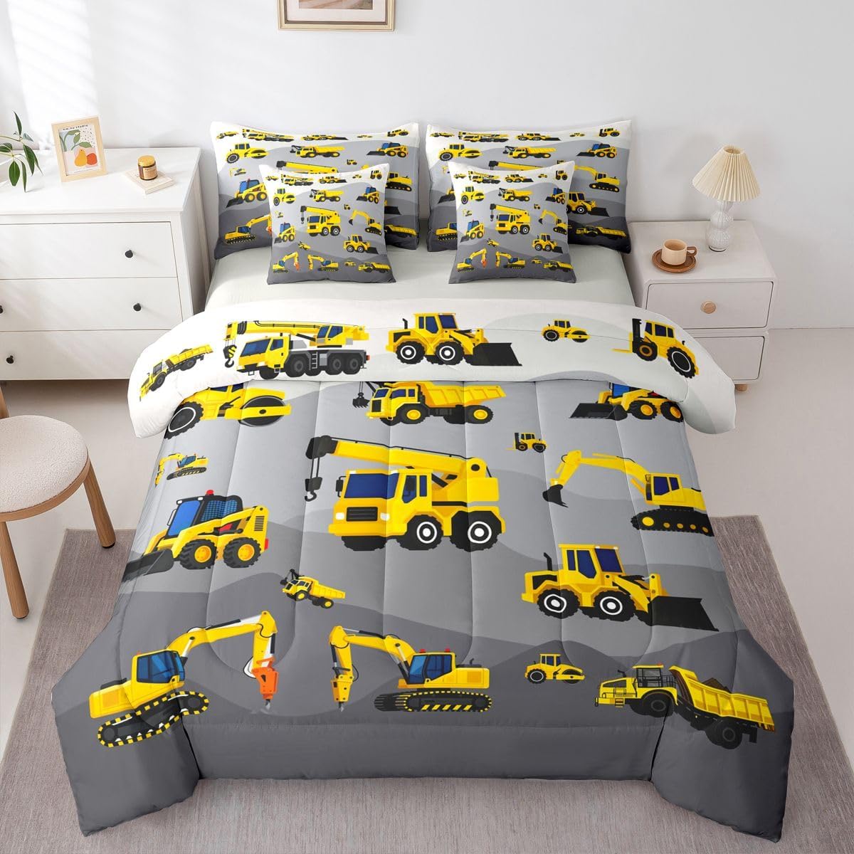 Feelyou Excavator Full Comforter Set with Sheets for Kids Boys Girls Construction Vehicles 7 Pieces Bedding Set Cartoon Car Bed in a Bag Room Decor Soft Lightweight Microfiber